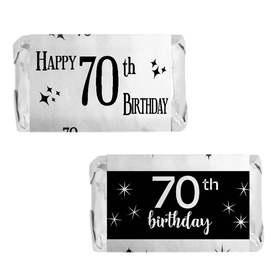 70th Birthday: Black and Silver Shiny Foil - Adult Birthday -  Hershey's Miniatures Candy Bar Wrappers Stickers - 45 Stickers - Distinctivs Party