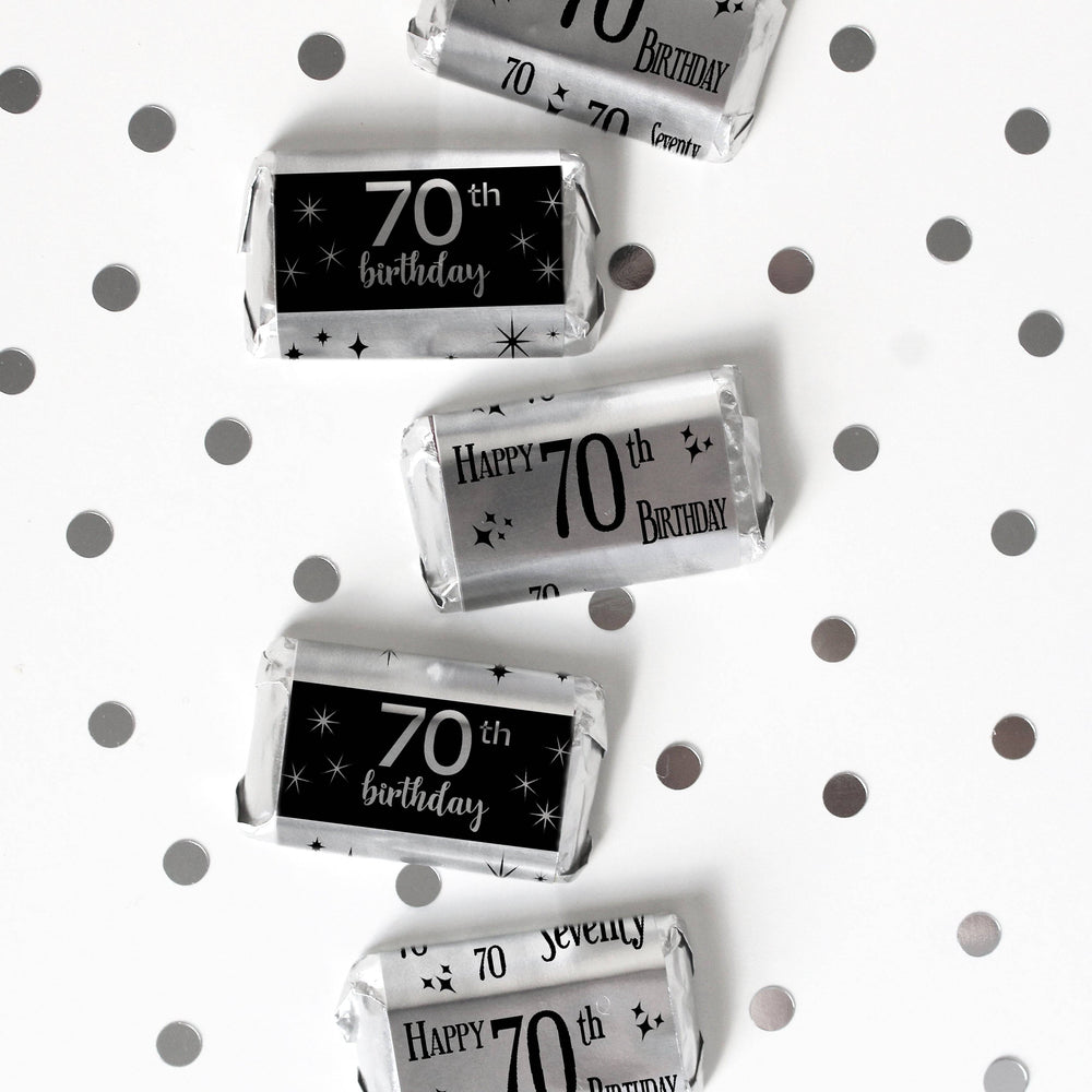 70th Birthday: Black and Silver Shiny Foil - Adult Birthday -  Hershey's Miniatures Candy Bar Wrappers Stickers - 45 Stickers - Distinctivs Party