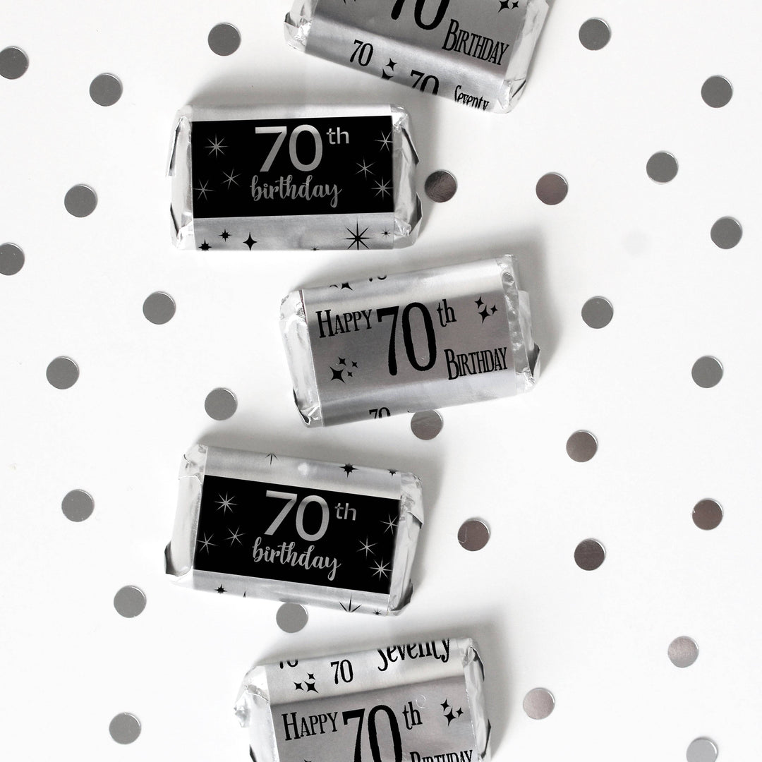 70th Birthday: Black and Silver Shiny Foil - Adult Birthday -  Hershey's Miniatures Candy Bar Wrappers Stickers - 45 Stickers - Distinctivs Party