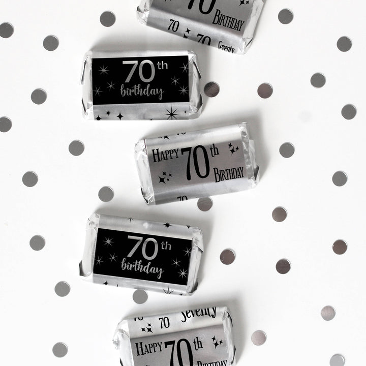 70th Birthday: Black and Silver Shiny Foil - Adult Birthday -  Hershey's Miniatures Candy Bar Wrappers Stickers - 45 Stickers - Distinctivs Party