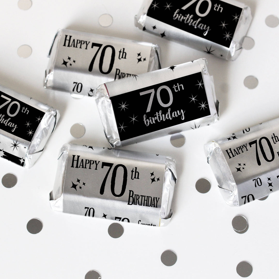 70th Birthday: Black and Silver Shiny Foil - Adult Birthday -  Hershey's Miniatures Candy Bar Wrappers Stickers - 45 Stickers - Distinctivs Party