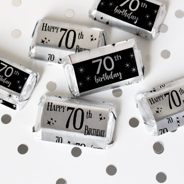 70th Birthday: Black and Silver Shiny Foil - Adult Birthday -  Hershey's Miniatures Candy Bar Wrappers Stickers - 45 Stickers - Distinctivs Party