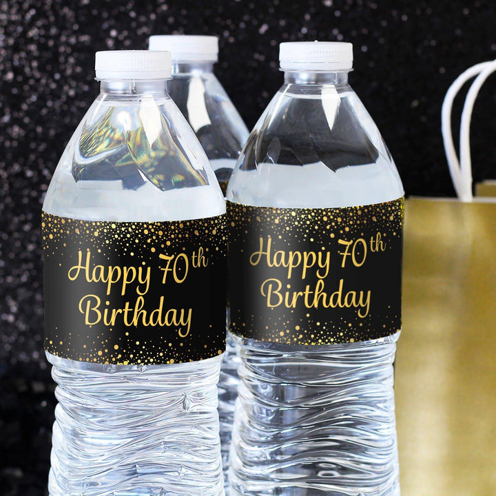 70th Birthday: Black & Gold - Adult Birthday -  Water Bottle Labels - 24 Stickers - Distinctivs Party