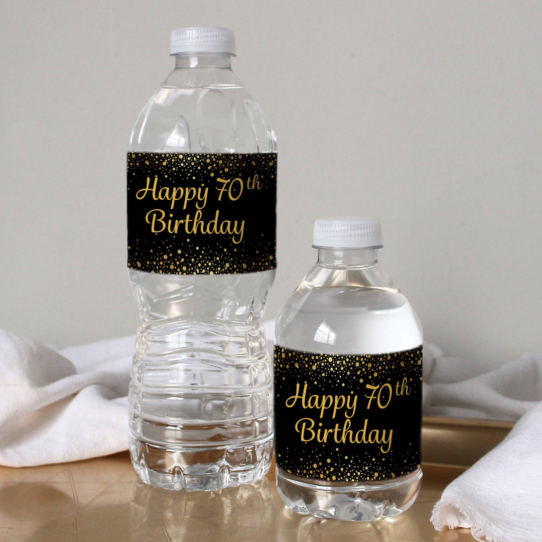 70th Birthday: Black & Gold - Adult Birthday -  Water Bottle Labels - 24 Stickers - Distinctivs Party