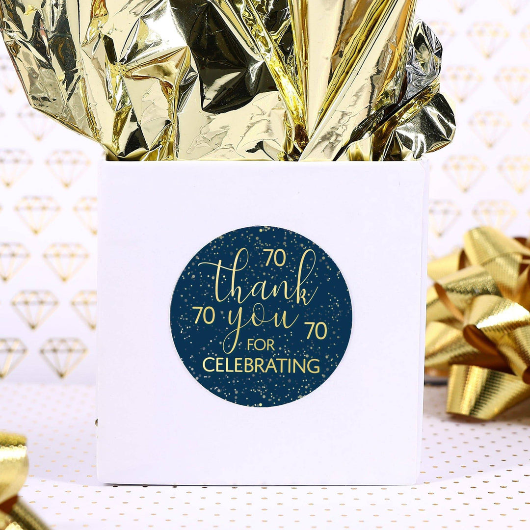 70th Birthday : Navy Blue & Gold - Adult Birthday - Thank You Stickers - Distinctivs Party