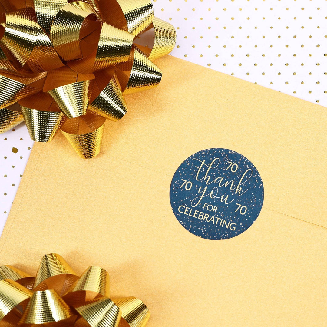 70th Birthday : Navy Blue & Gold - Adult Birthday - Thank You Stickers - Distinctivs Party