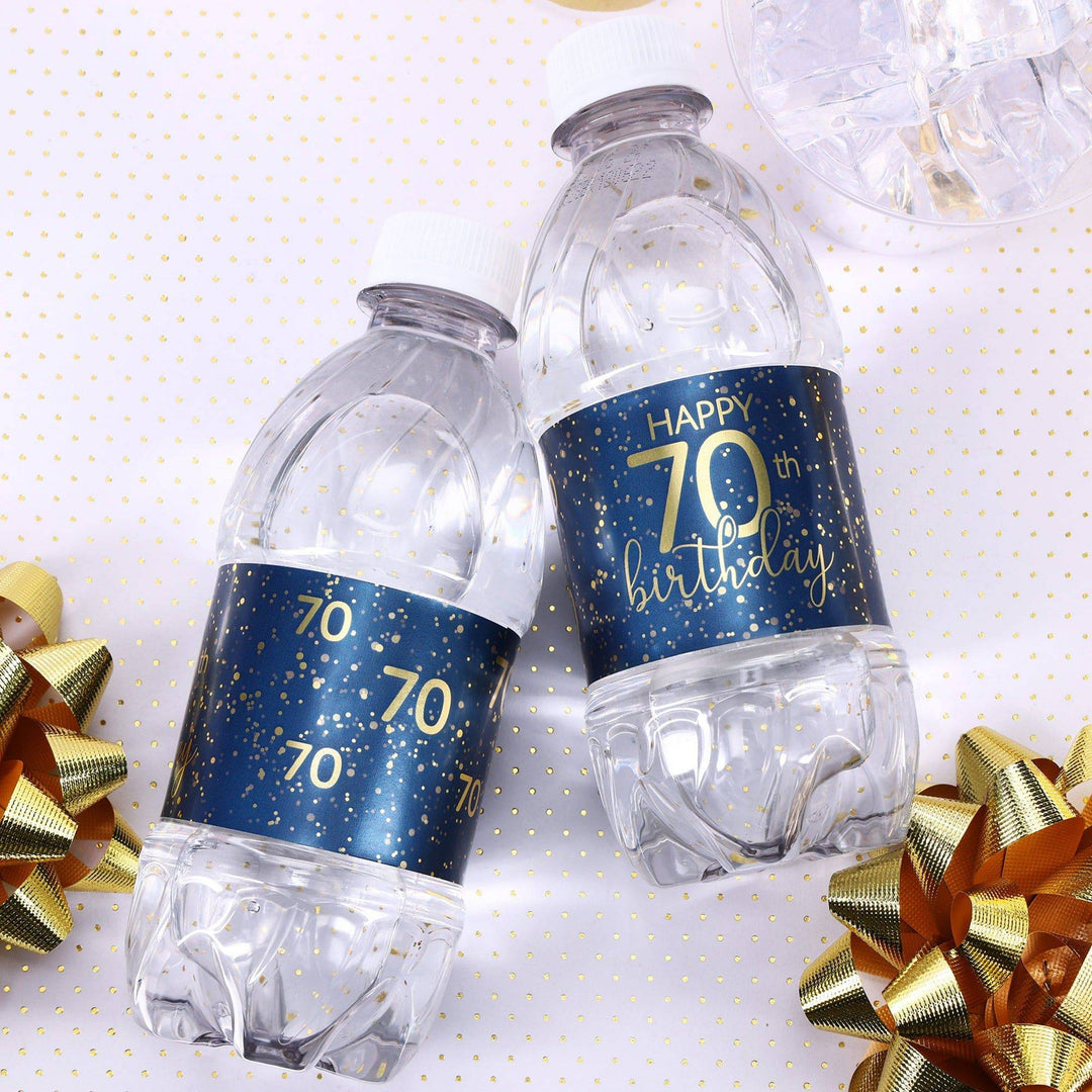 70th Birthday: Navy Blue & Gold - Adult Birthday - Water Bottle Labels - Distinctivs Party