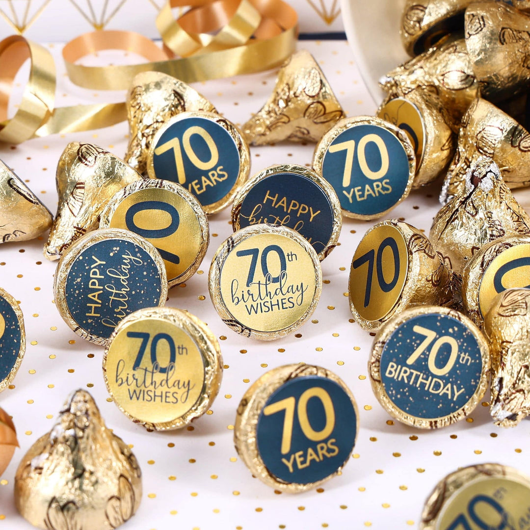 70th Birthday : Navy Blue & Gold -Stickers - Adult Birthday - Fits Hershey's Kisses Candy - Distinctivs Party
