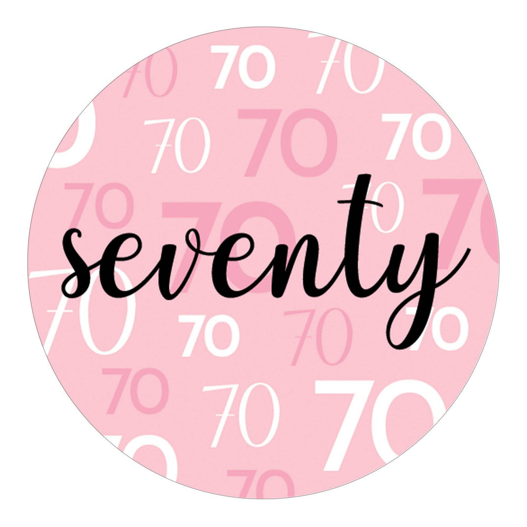 70th Birthday: Pink and Black - Adult Birthday -  Round Favor Stickers - 40 Stickers - Distinctivs Party