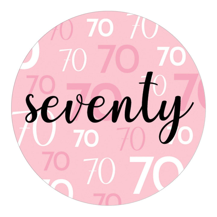 70th Birthday: Pink and Black - Adult Birthday -  Round Favor Stickers - 40 Stickers - Distinctivs Party