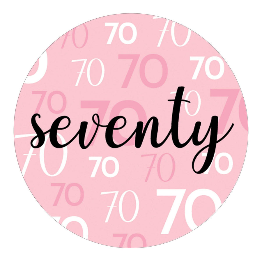 70th Birthday: Pink and Black - Adult Birthday -  Round Favor Stickers - 40 Stickers - Distinctivs Party
