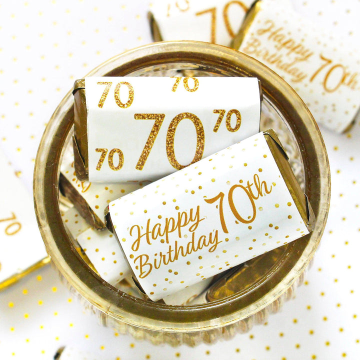 70th Birthday: White and Gold Party - Adult Birthday - Hershey's Miniatures Candy Bar Wrappers Stickers - 45 Stickers - Distinctivs Party
