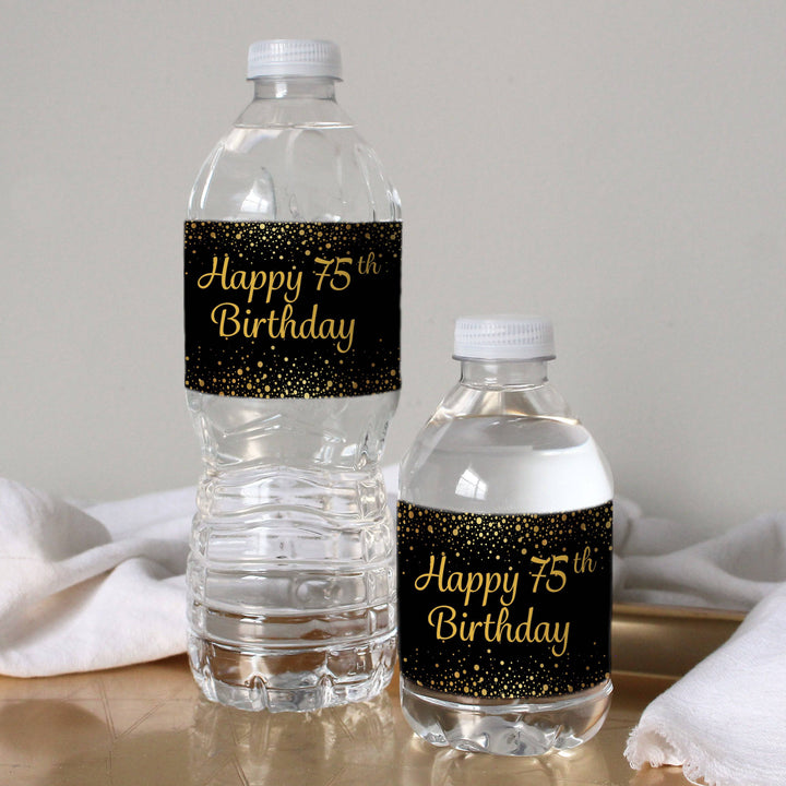 75th Birthday: Black & Gold - Adult Birthday - Water Bottle Labels - 24 Stickers - Distinctivs Party
