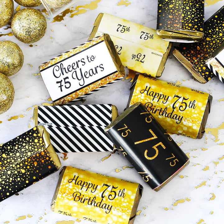 75th Birthday: Black & Gold - Hershey's Miniatures Candy Bar Wrappers Stickers - 45 Stickers - Distinctivs Party