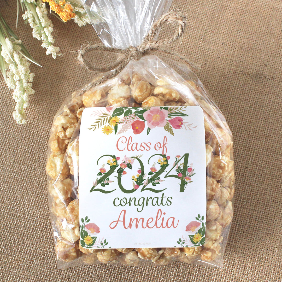 Personalized Floral Graduation - Chip Bag and Snack Bag Stickers - 32 Pack - Name and Year