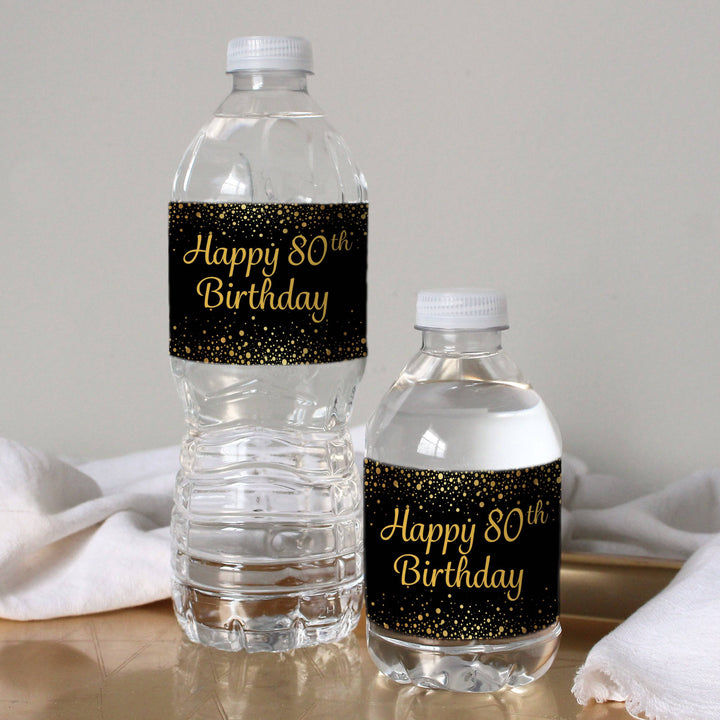 80th Birthday: Black & Gold - Adult Birthday -  Water Bottle Labels - 24 Stickers - Distinctivs Party