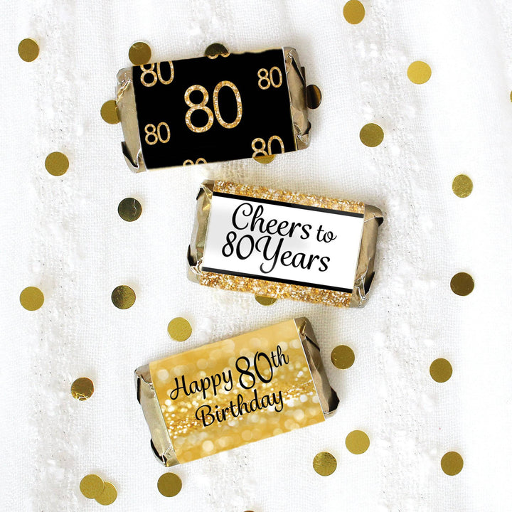 80th Birthday: Black & Gold - Hershey's Miniatures Candy Bar Wrappers Stickers - 45 Stickers - Distinctivs Party
