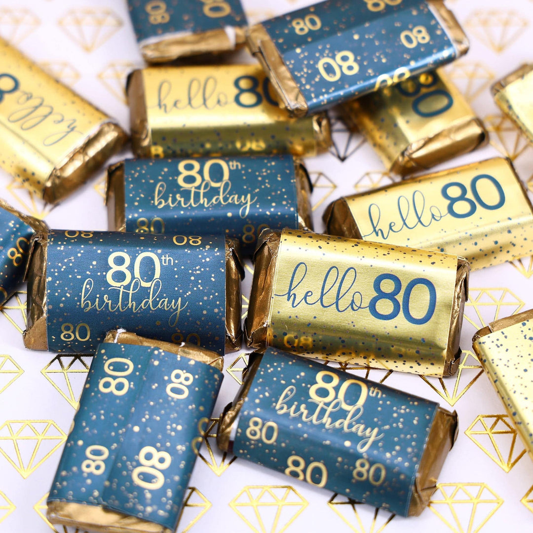 80th Birthday: Navy Blue & Gold - Adult Birthday -  Hershey's® Miniatures Candy Bar Wrappers Stickers - Distinctivs Party