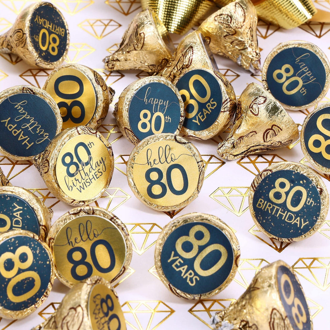 80th Birthday: Navy Blue & Gold - Adult Birthday - Stickers - Fits Hershey's Kisses Candy - Distinctivs Party