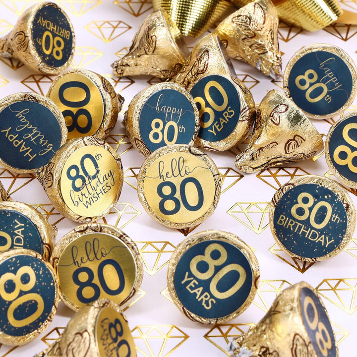 80th Birthday: Navy Blue & Gold - Adult Birthday - Stickers - Fits Hershey's Kisses Candy - Distinctivs Party
