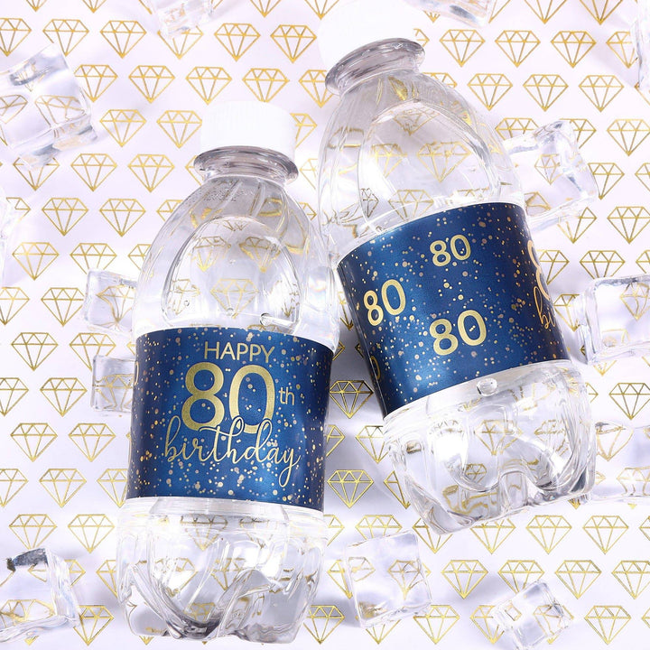 80th Birthday: Navy Blue & Gold - Adult Birthday - Water Bottle Labels - Distinctivs Party