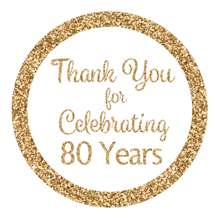 80th Birthday: White and Gold - Adult Birthday -  Thank You - Round Favor Stickers - 40 Stickers - Distinctivs Party