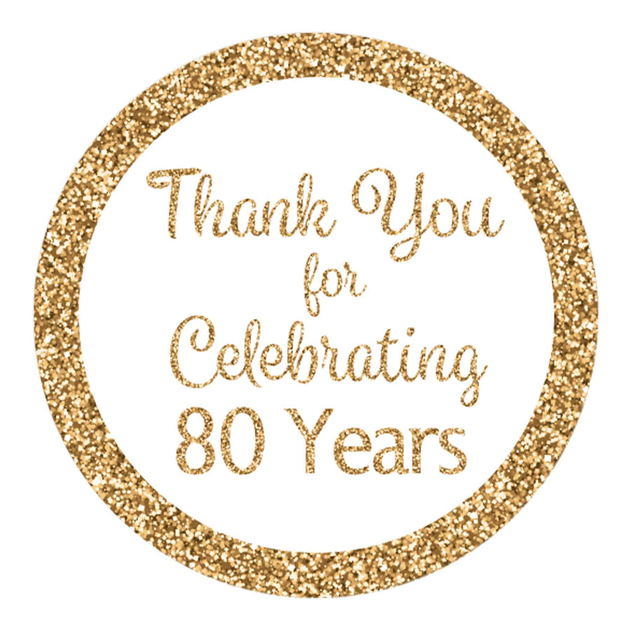 80th Birthday: White and Gold - Adult Birthday -  Thank You - Round Favor Stickers - 40 Stickers - Distinctivs Party