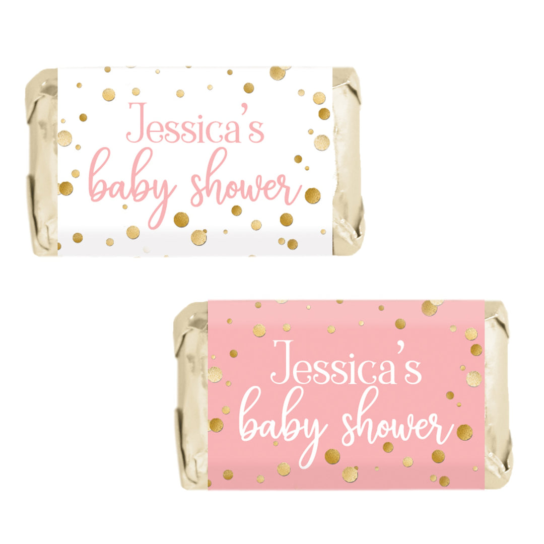 Personalized Gold Confetti: Pink - It's a Girl Baby Shower Mini Candy Bar Labels - 45 Stickers