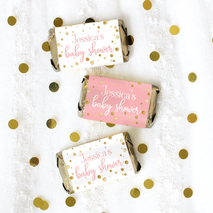 Personalized Gold Confetti: Pink - It's a Girl Baby Shower Mini Candy Bar Labels - 45 Stickers