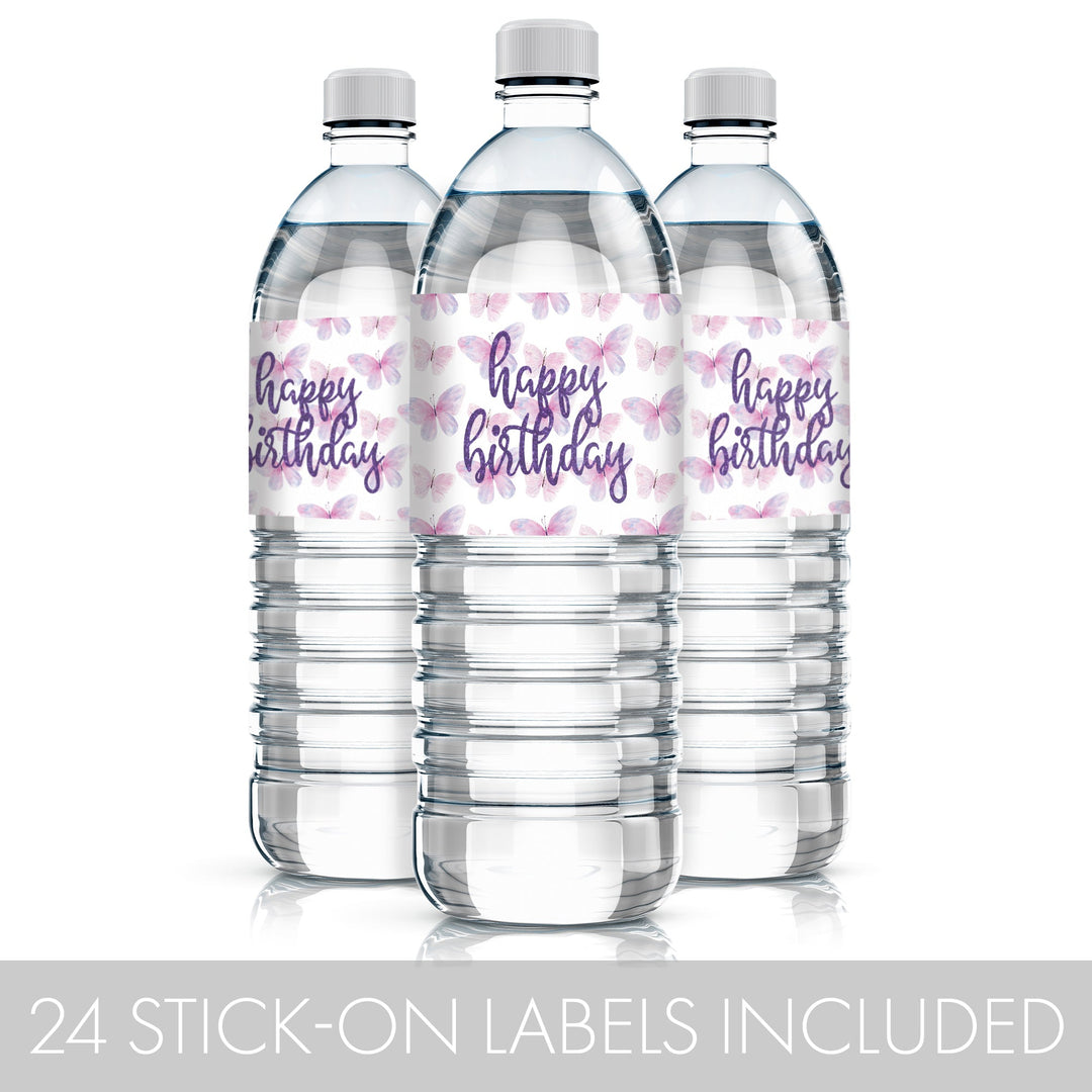 Butterfly Wishes: Purple & Pink - Kid's Birthday  - Party Favor Stickers - Water Bottle Labels, Spring - 24 Waterproof Stickers