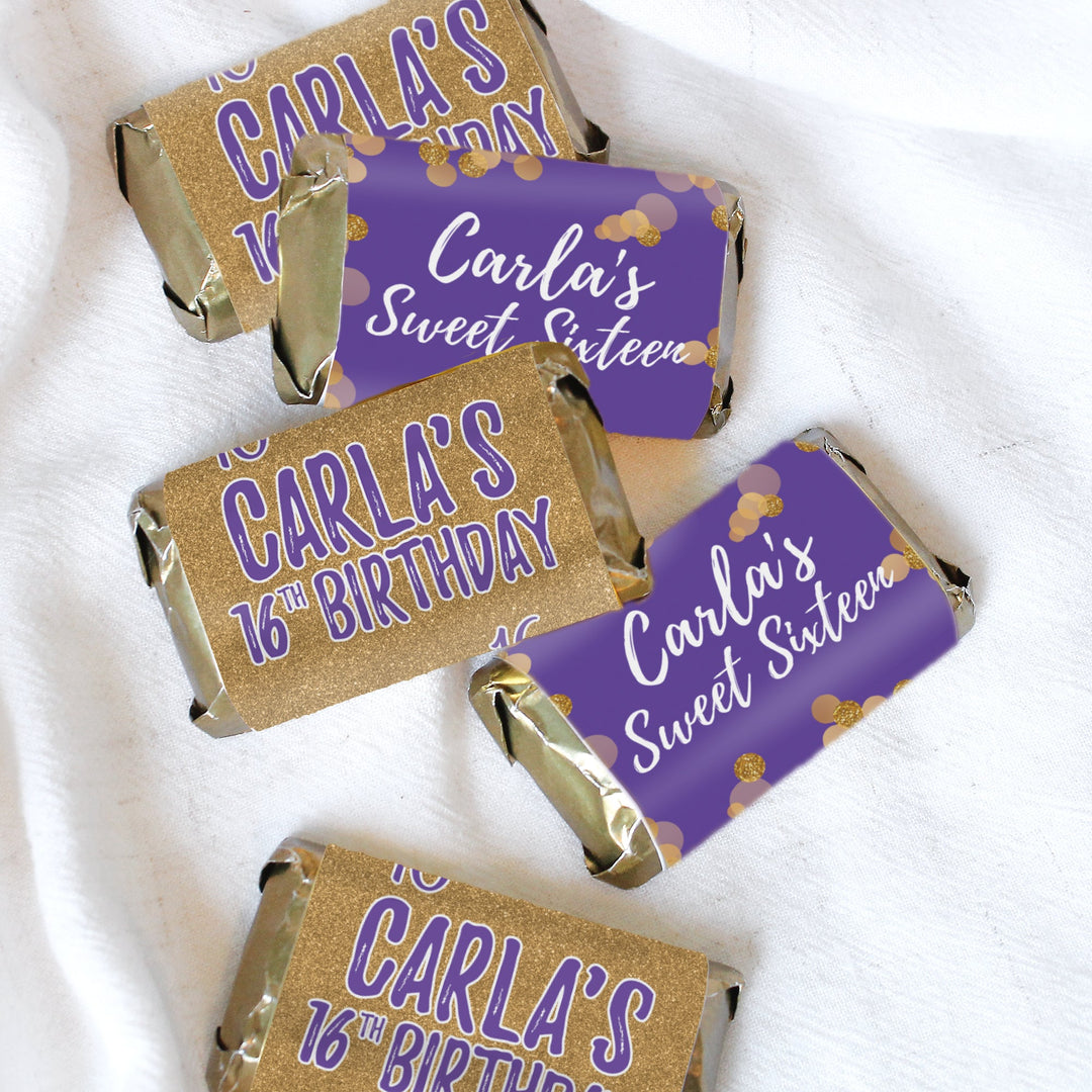 Personalized Sweet 16: Purple & Gold - Birthday Party Mini Candy Bar Wrappers - 45 Stickers