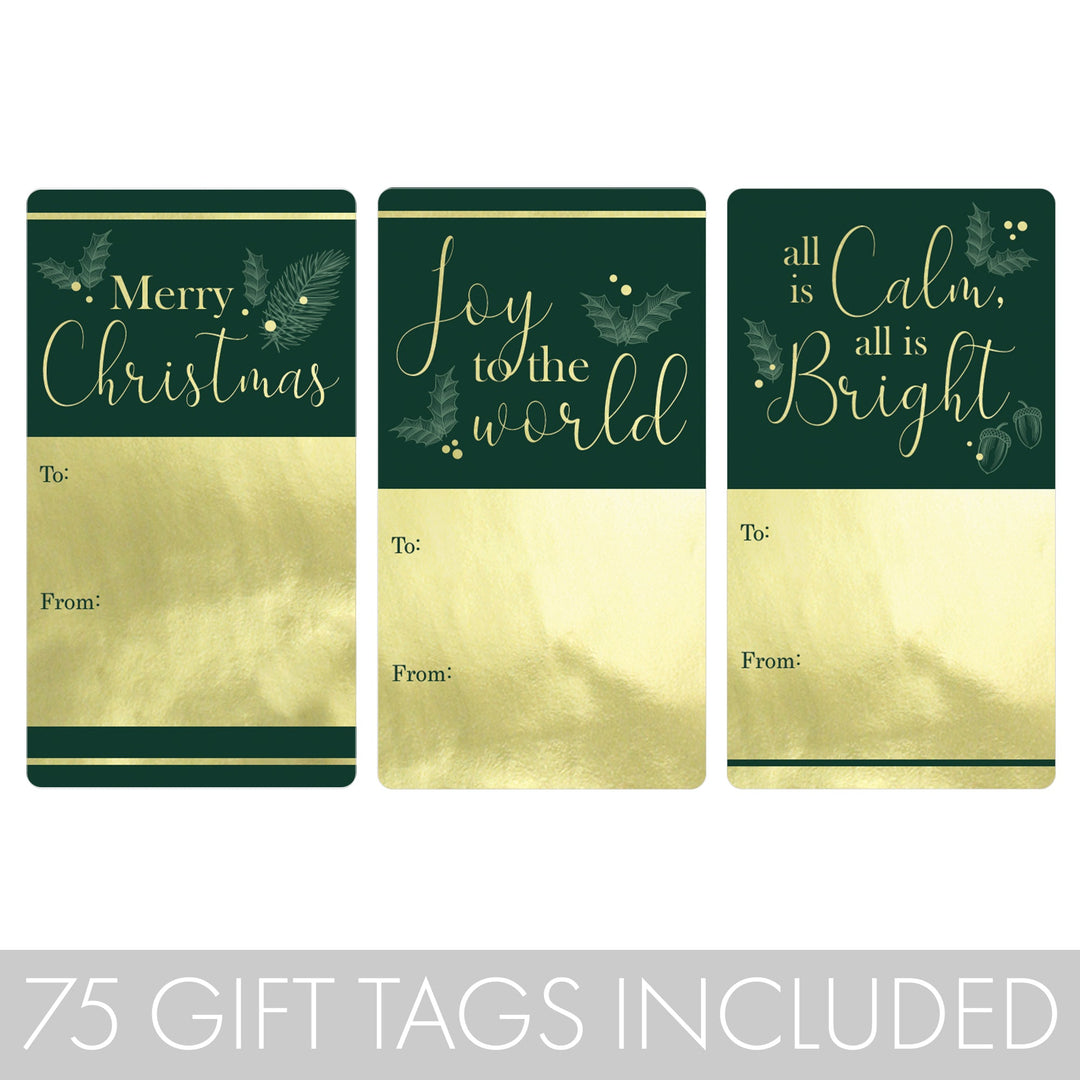 Christmas Gift Tag Stickers: Gold Foil & Green – 75 Stickers