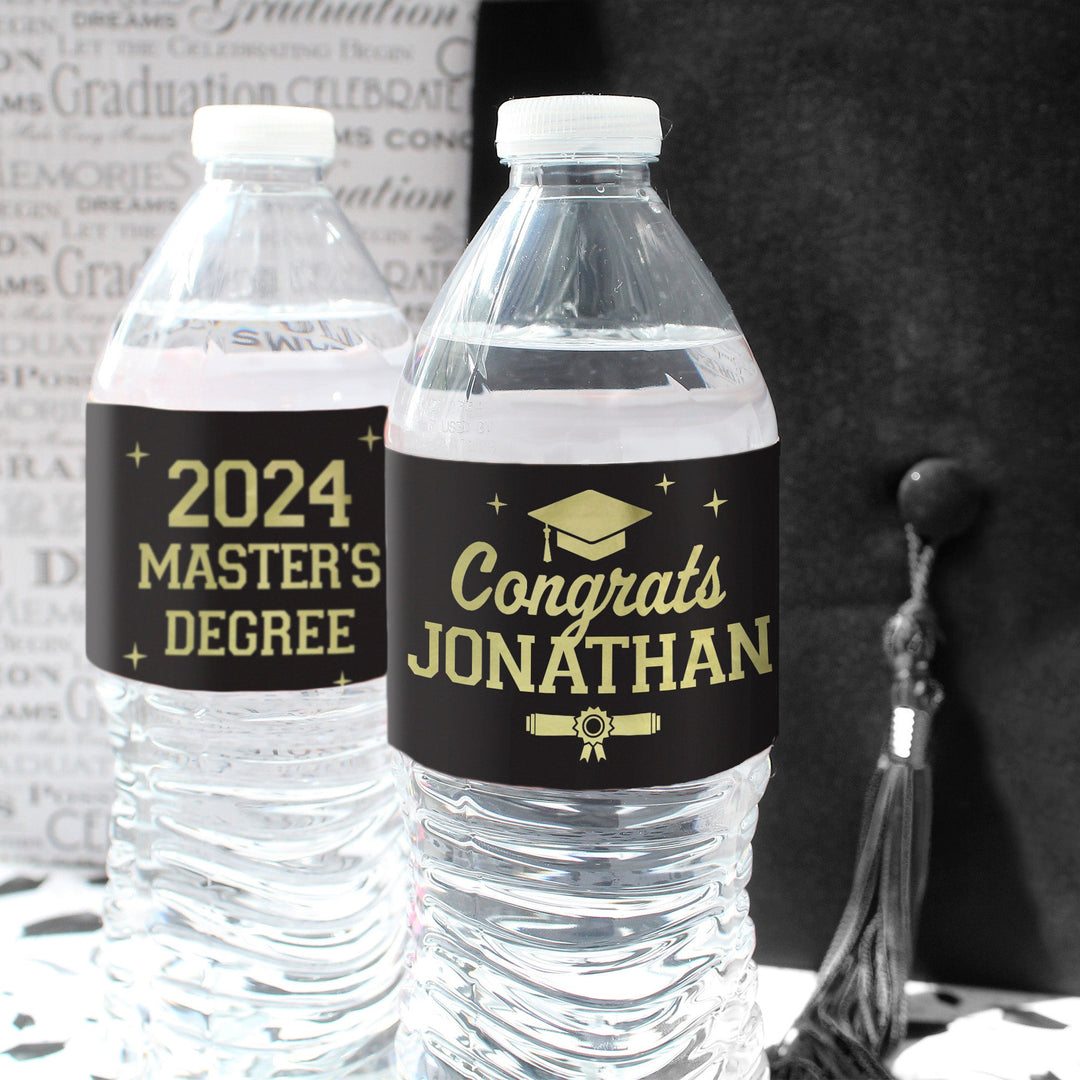 Personalized Master's Degree Graduation: Black and Gold - Custom Name & Year - Water Bottle Labels - 24 Waterproof Stickers