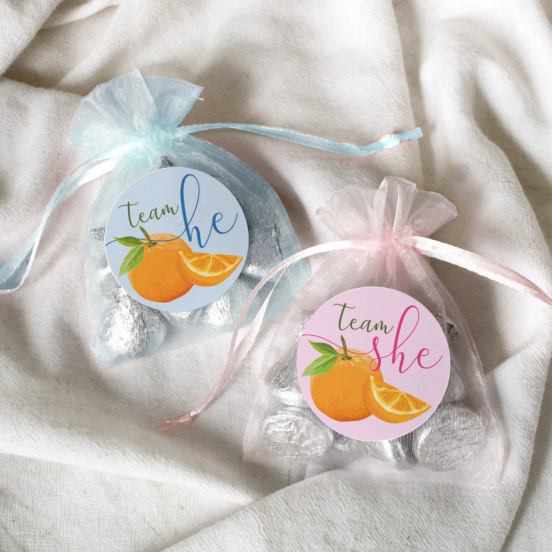 Colorful gender reveal stickers featuring vibrant orange tones and clear 'Team He' or 'Team She' labels