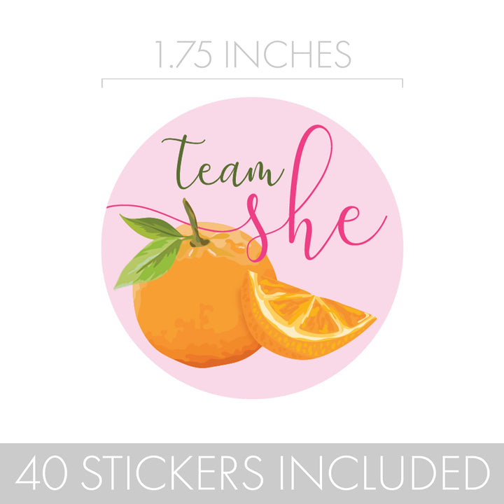 Fun and functional gender reveal decorations - Orange Little Cutie stickers for a summer-themed celebratio