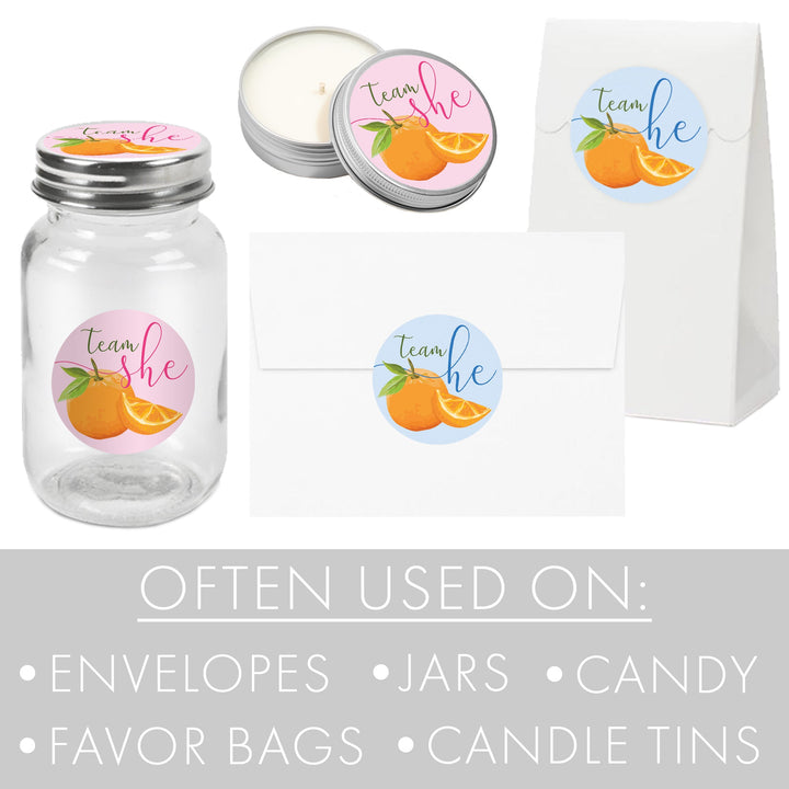 Get your guests involved in the excitement with these Orange Little Cutie Gender Reveal Party stickers