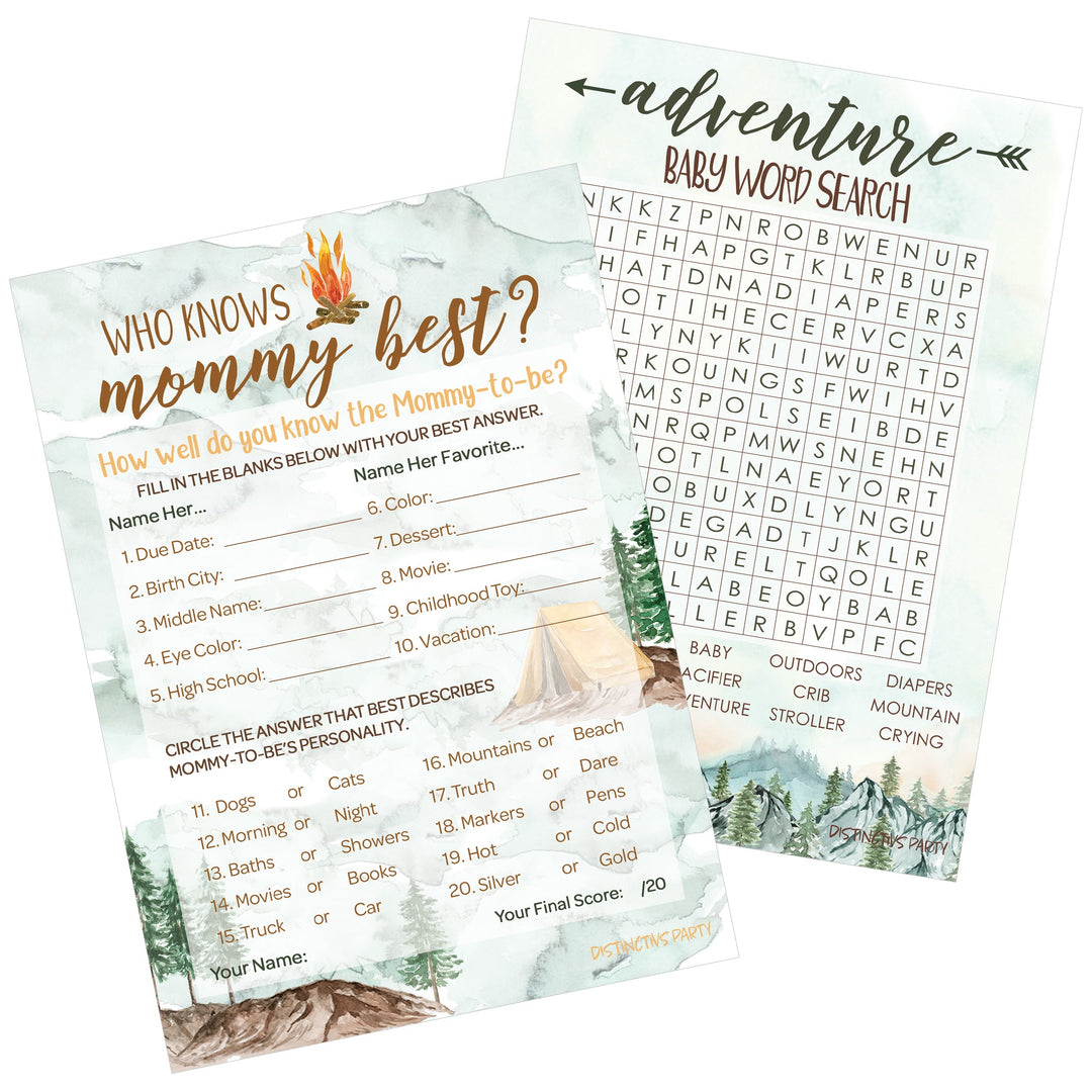 Little Adventurer: Baby Shower Game - Word Search and Who Knows Mommy Best - Two Game Bundle - 20 Dual Sided Cards