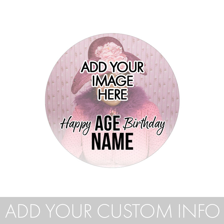 Personalized Birthday: Black - Custom Photo, Age, and Name  - Circle Label Stickers - 40, 100, or 250 Stickers