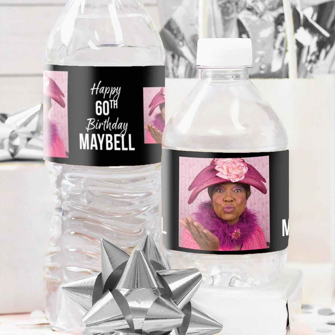 Personalized Birthday: Black - Custom Photo, Age, and Name  - Water Bottle Label Stickers - 24, 100, or 250  Waterproof Stickers