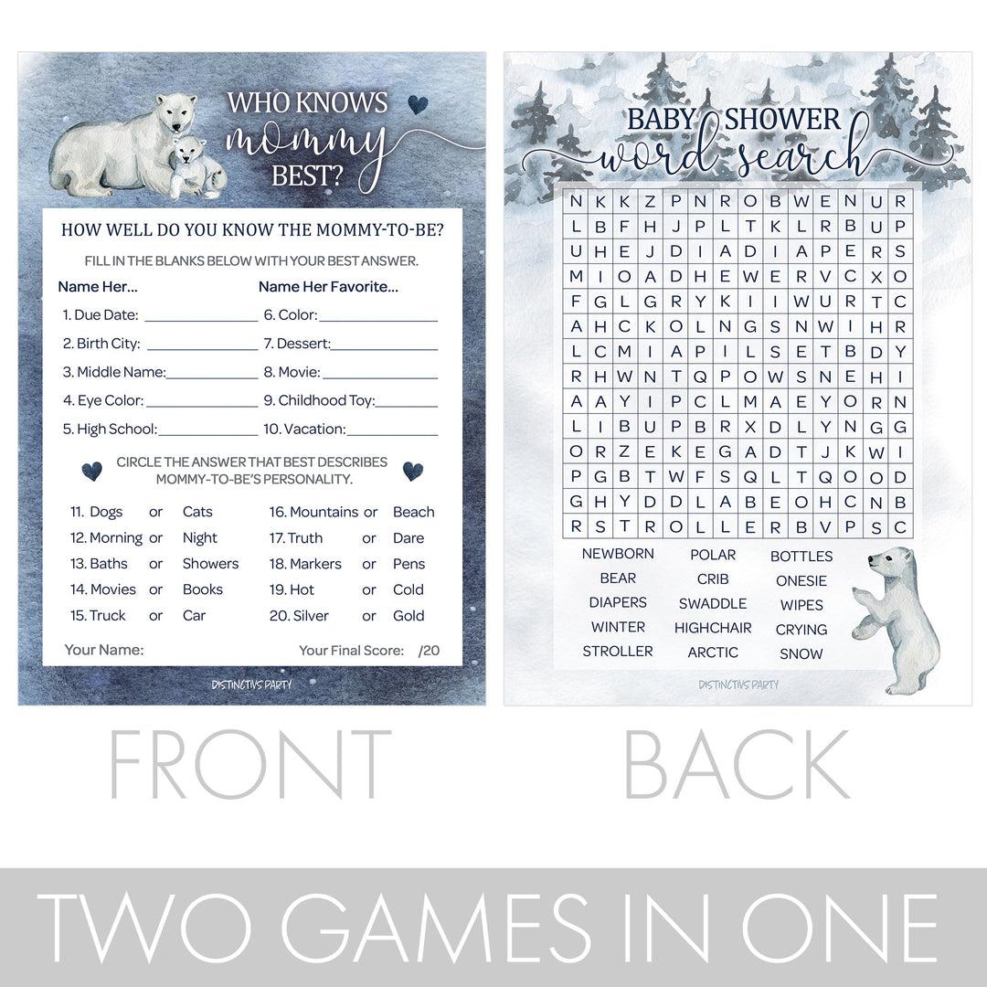 Polar Bear: Winter Baby Shower Game Bundle - Word Search and Who Knows Mommy Best - 2 Sided Game - 20 Cards