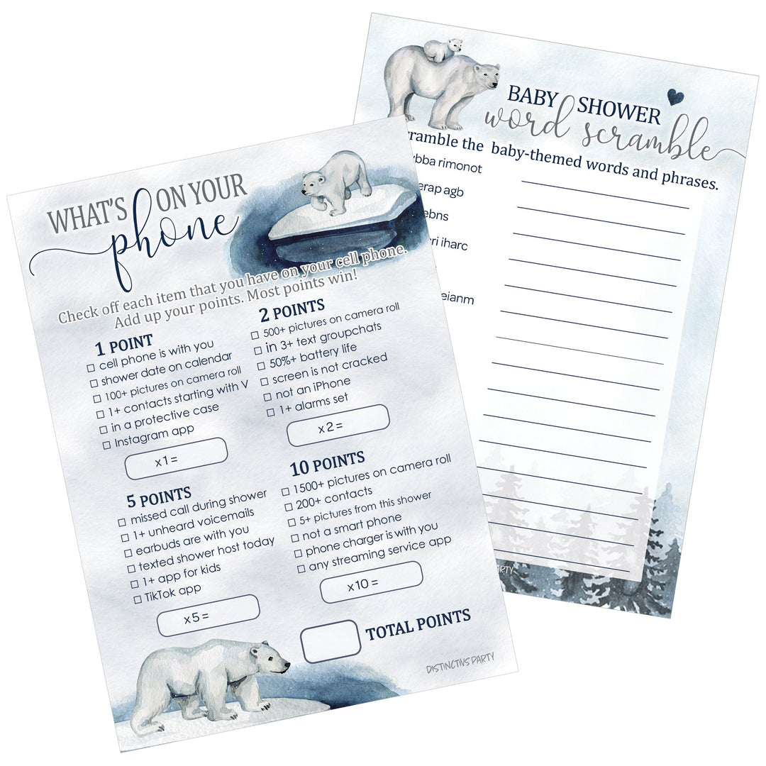 Polar Bear - Baby Shower - What's On Your Phone and Word Scramble -  Baby Shower Game - Two Game Bundle -  20 Dual Sided Cards