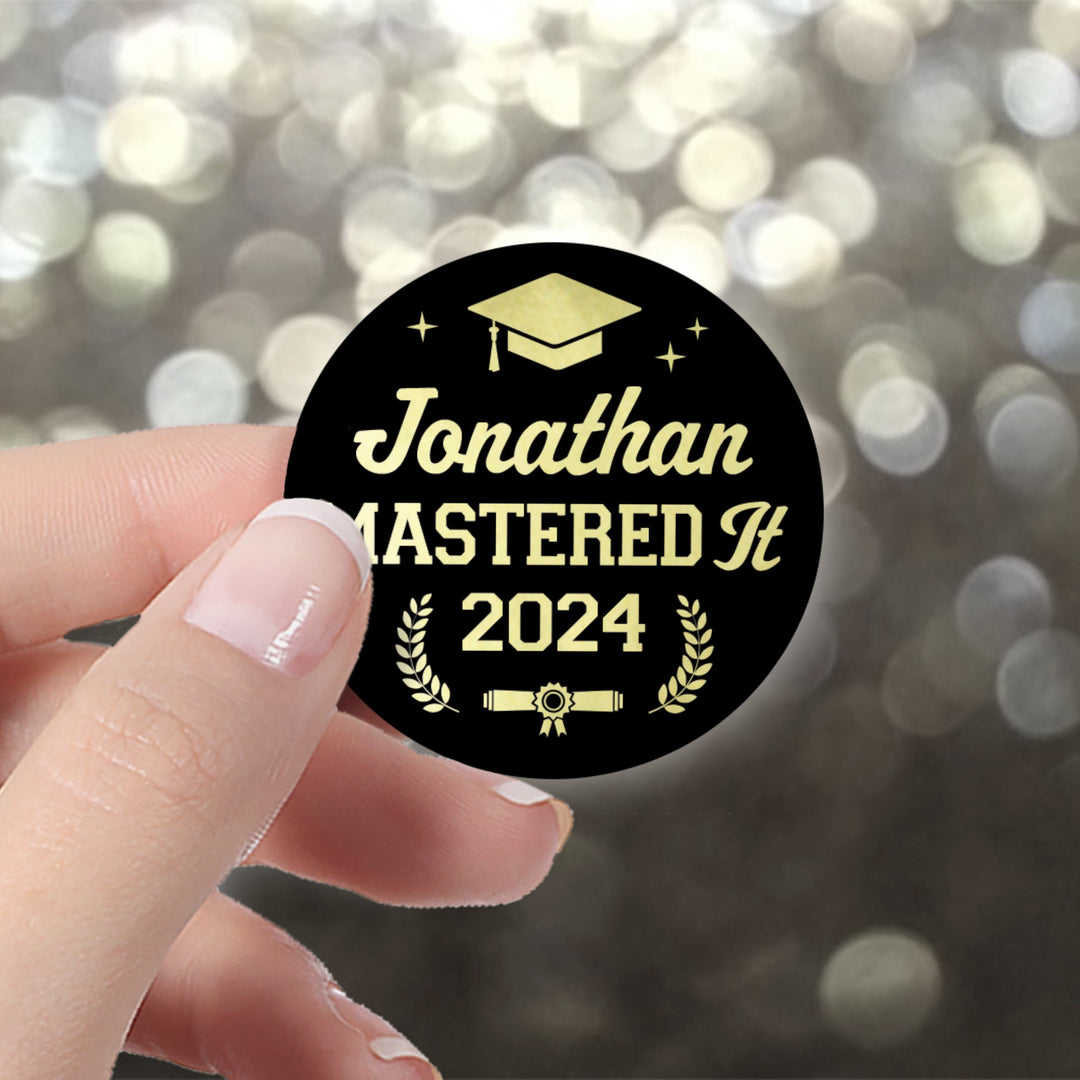 Personalized Master's Degree Graduation: Black and Gold - Custom Name & Year Favor Stickers - 40 Stickers