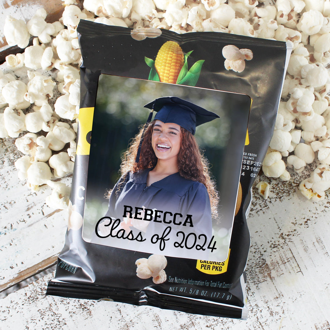 Personalized Graduation Photo Name & Year:  Photo Chip Bag Stickers - 32 or 96 Stickers