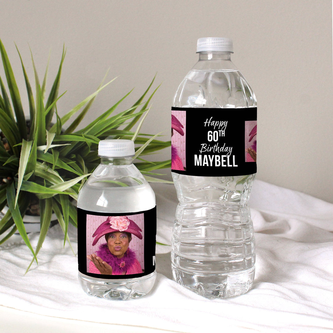 Personalized Birthday: Black - Custom Photo, Age, and Name  - Water Bottle Label Stickers - 24, 100, or 250  Waterproof Stickers