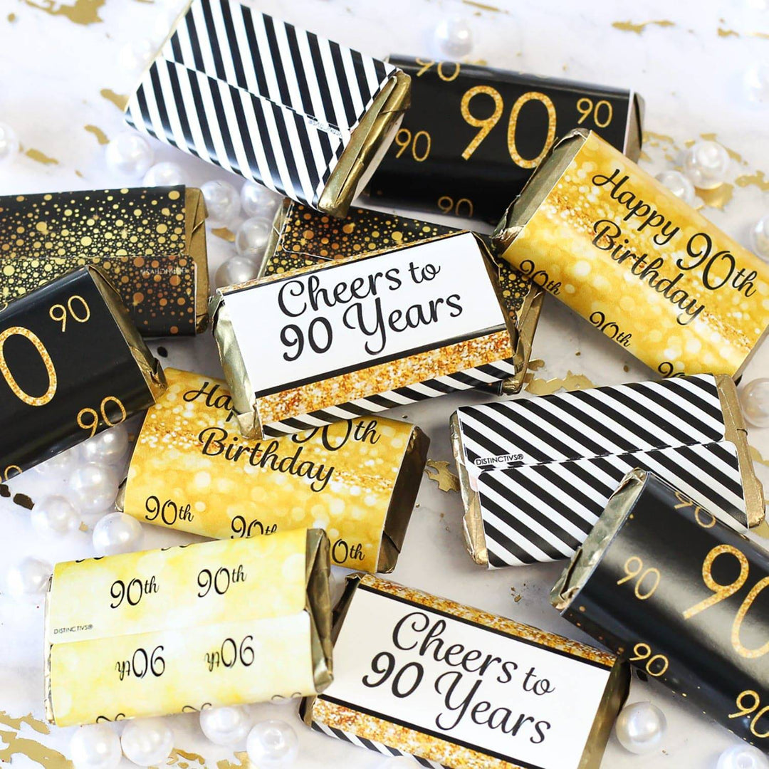 90th Birthday: Black & Gold - Hershey's Miniatures Candy Bar Wrappers Stickers - 45 Stickers - Distinctivs Party