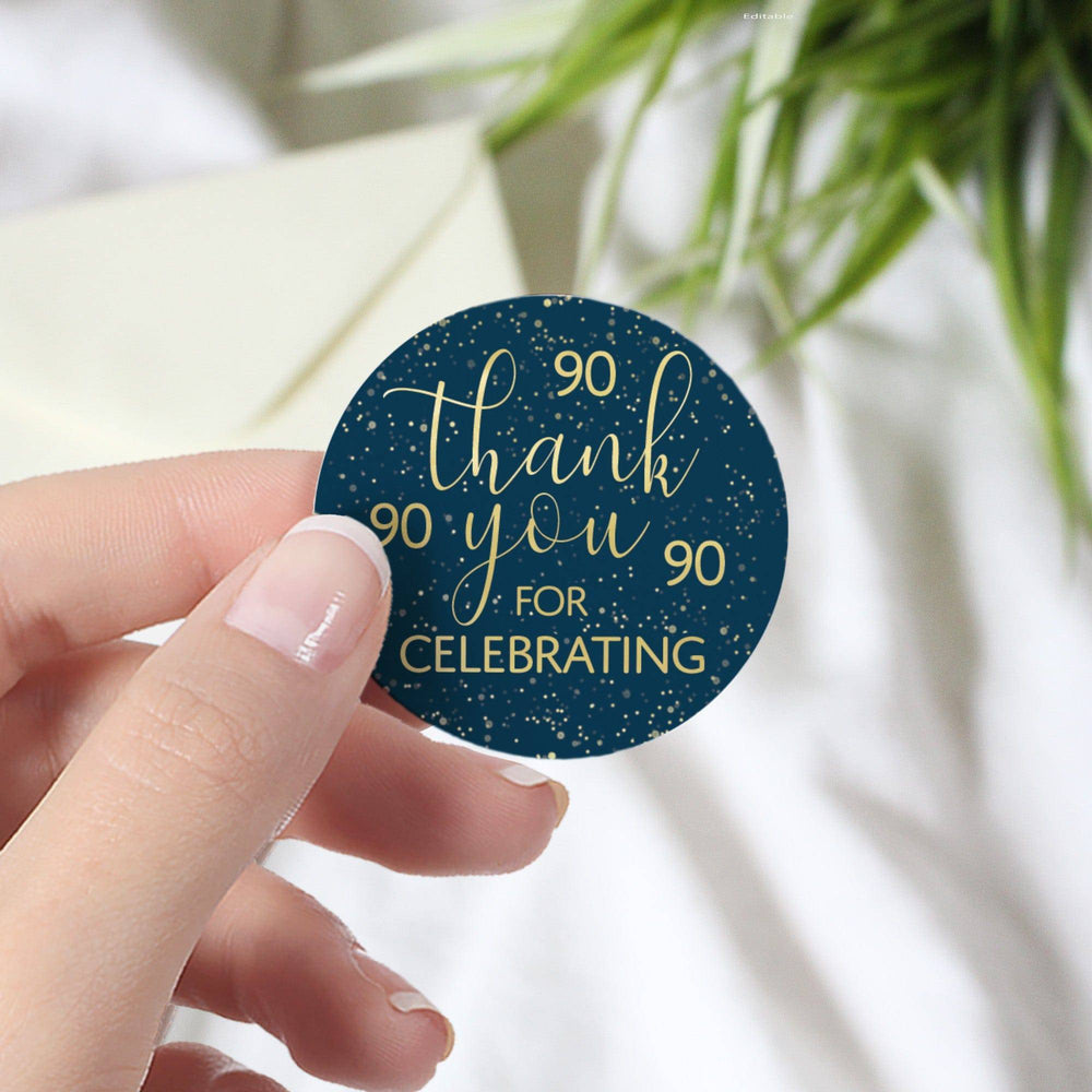 90th Birthday: Navy Blue & Gold - Adult Birthday - Thank You Stickers - Distinctivs Party