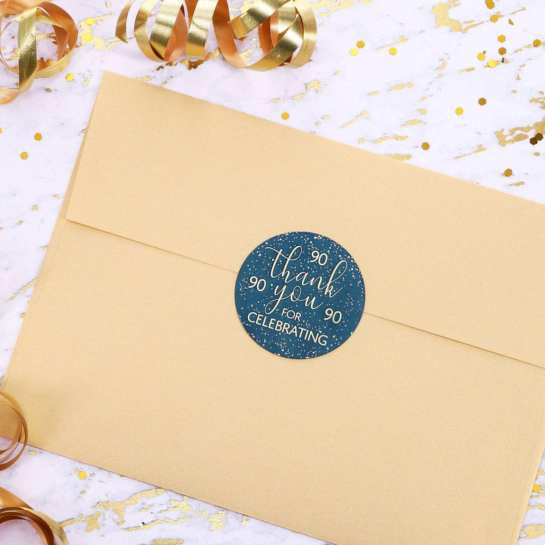 90th Birthday: Navy Blue & Gold - Adult Birthday - Thank You Stickers - Distinctivs Party