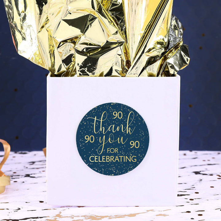 90th Birthday: Navy Blue & Gold - Adult Birthday - Thank You Stickers - Distinctivs Party