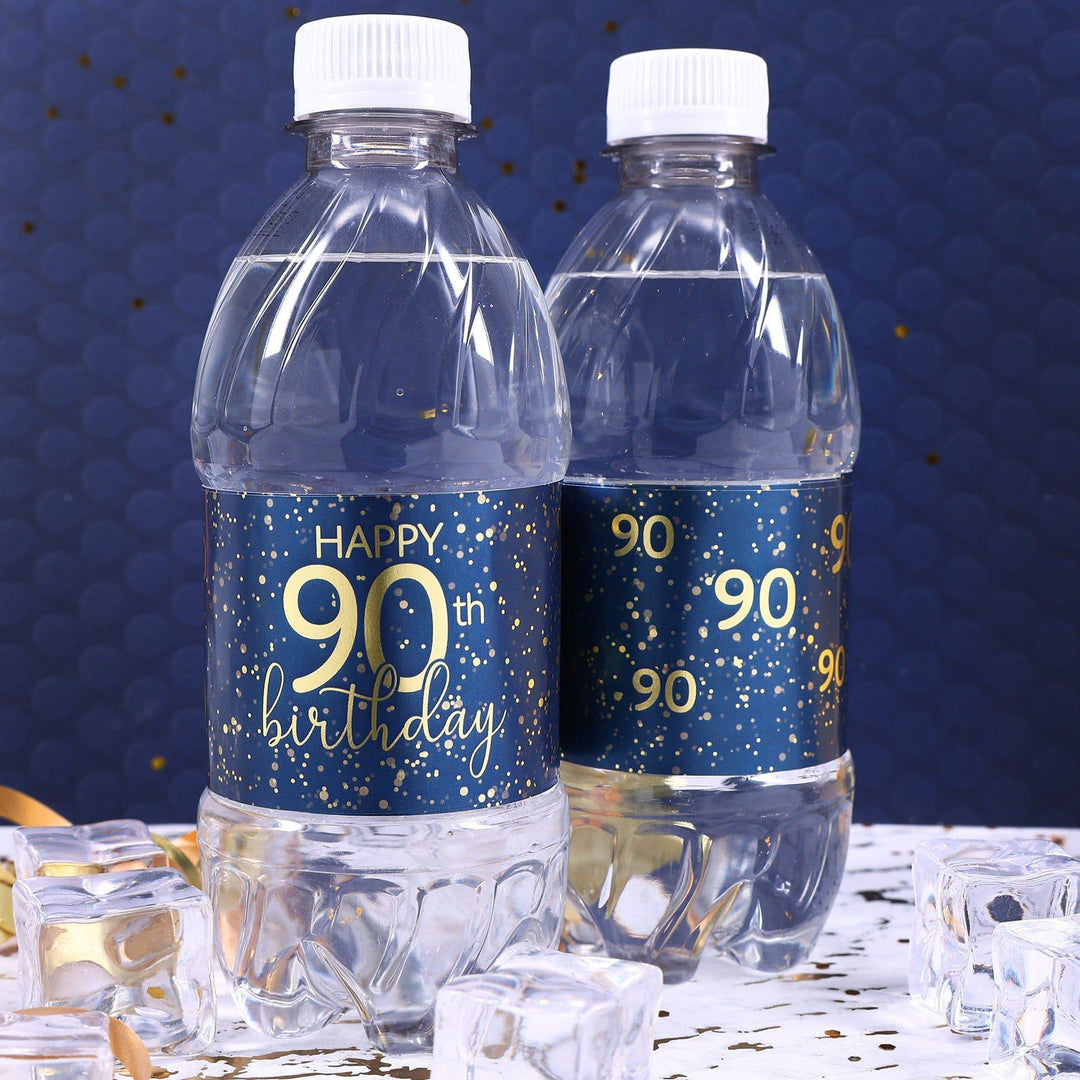 90th Birthday: Navy Blue & Gold - Adult Birthday -  Water Bottle Labels - Distinctivs Party