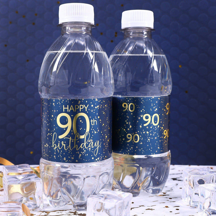 90th Birthday: Navy Blue & Gold - Adult Birthday -  Water Bottle Labels - Distinctivs Party
